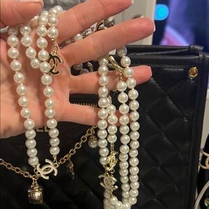 Pearl Multi-Strand Necklace with Gold CC Charms - White